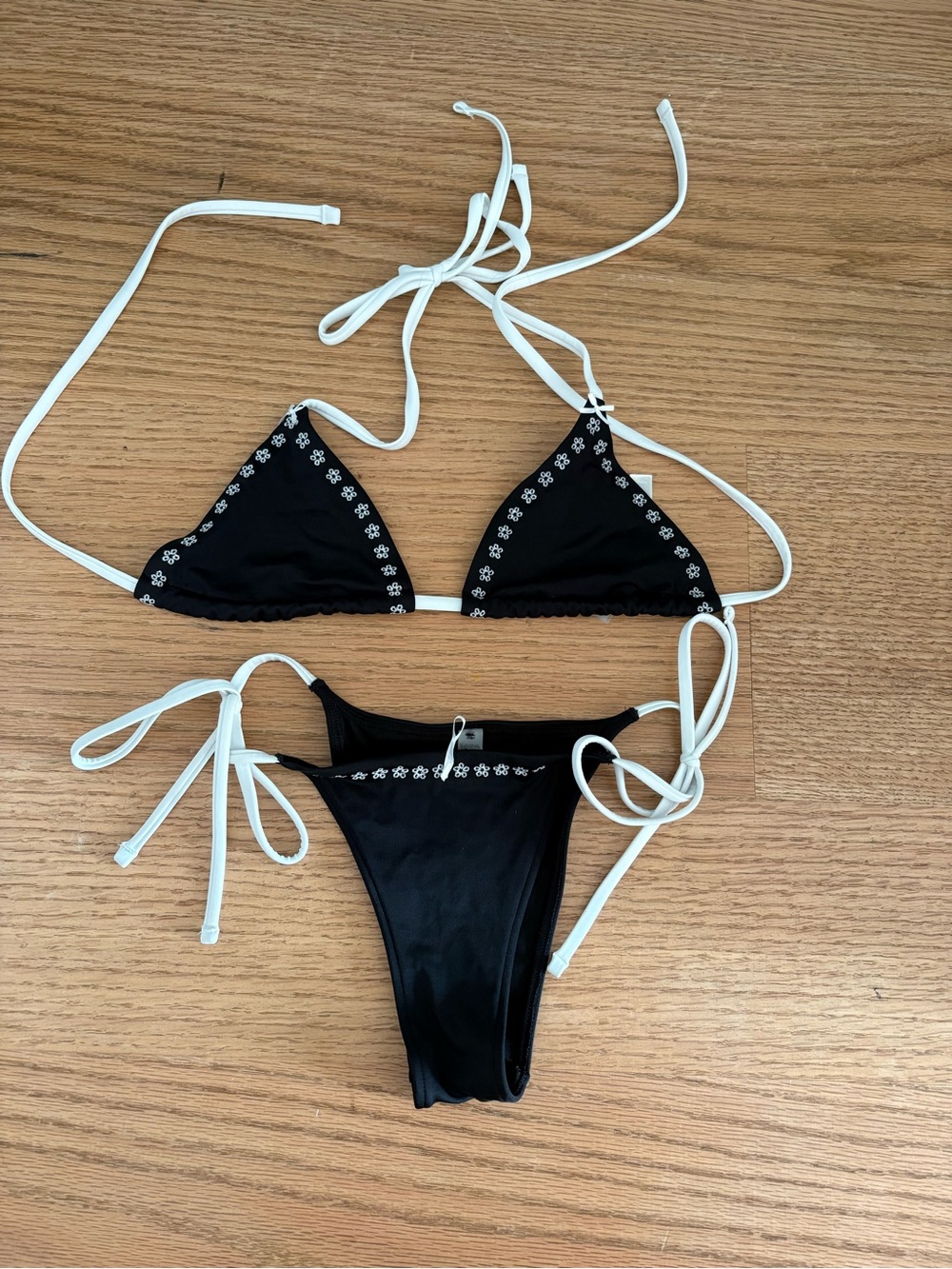 Frankie's Bikinis Black Triangle Top with White Ties